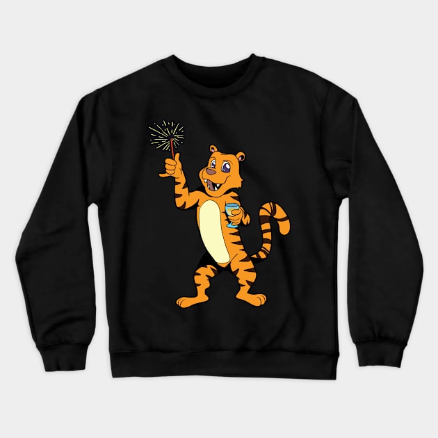 Tiger with Champagne and Sparkler - Happy new year Crewneck Sweatshirt by Modern Medieval Design